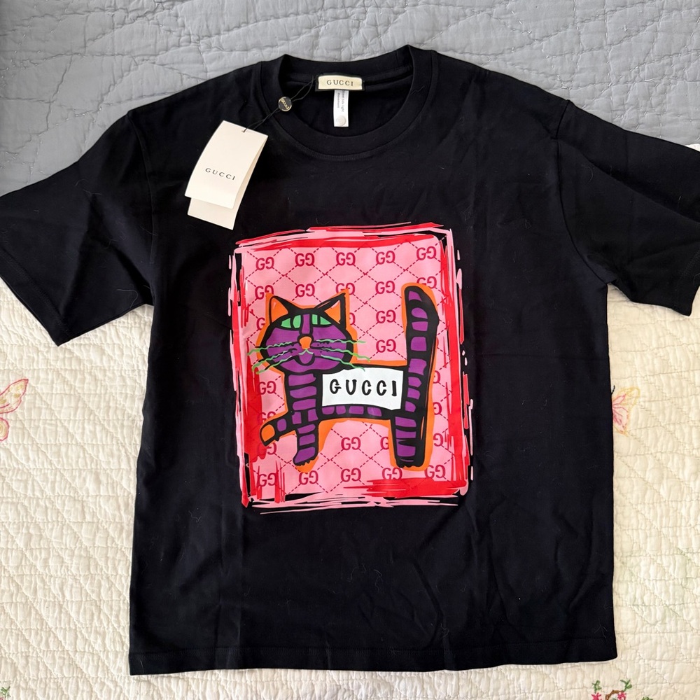 COPY Black Tee with Purple Cartoon Cat Graphic